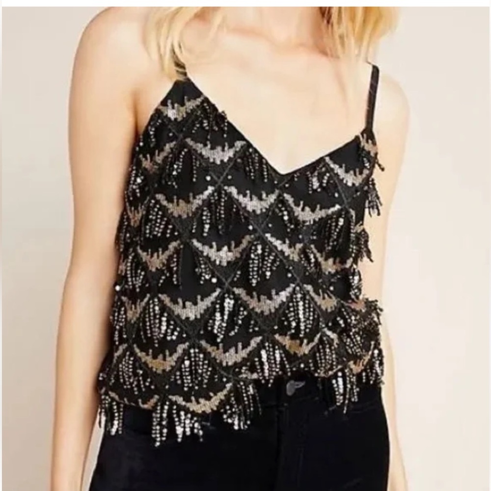 Anthro Porridge Sequined Camisole Top w Built in Shelf Bra + Measurements Sz Med